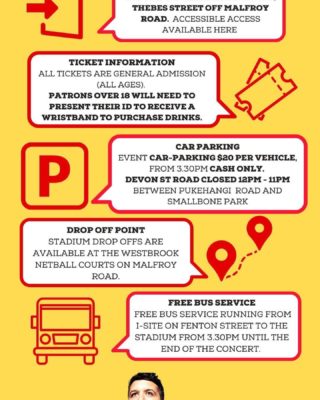 SIX60 FAQS FOR THIS WEEKEND...

Do you want to know where to park? 
What to bring (or not bring)?
What time each act is on? 
See the following information to make your experience attending Six60 a little more easier! 

NOTE: Tickets at the gate will be more expensive so buy them beforehand AND USE Thebes Street entry for parking (off Malfroy Road)

Tickets still available online www.ticketmaster.co.nz